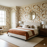 Abstract patterned wallpaper with interlocking circles by Terra, as seen in a styled bedroom setting.
