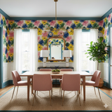 Floral Fireflower Field Wallpaper with colorful blooms filling a dining room, covering the walls above white wainscoting.
