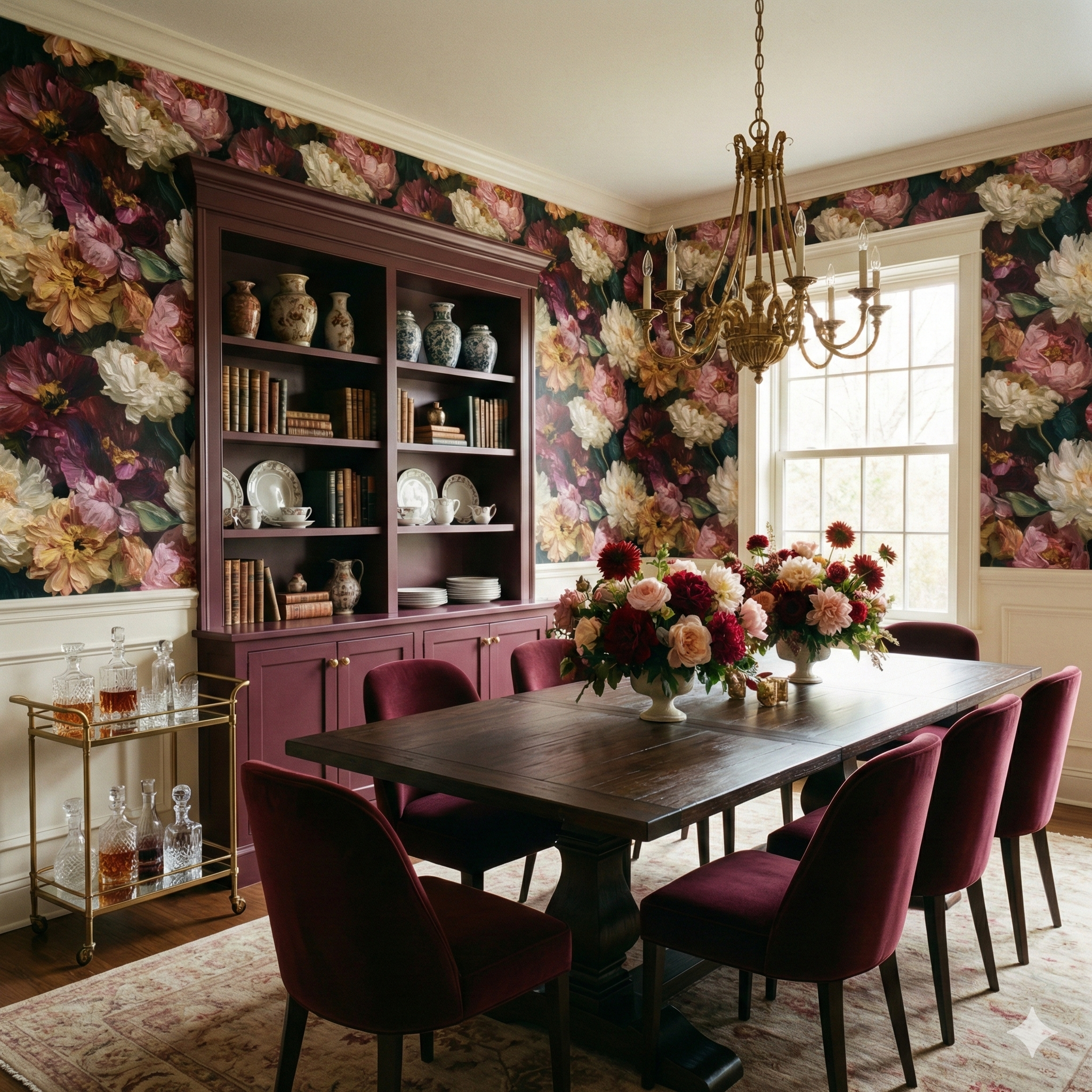 Still Life in Oil Wallpaper with a dark floral pattern covering the walls in a dining room.
