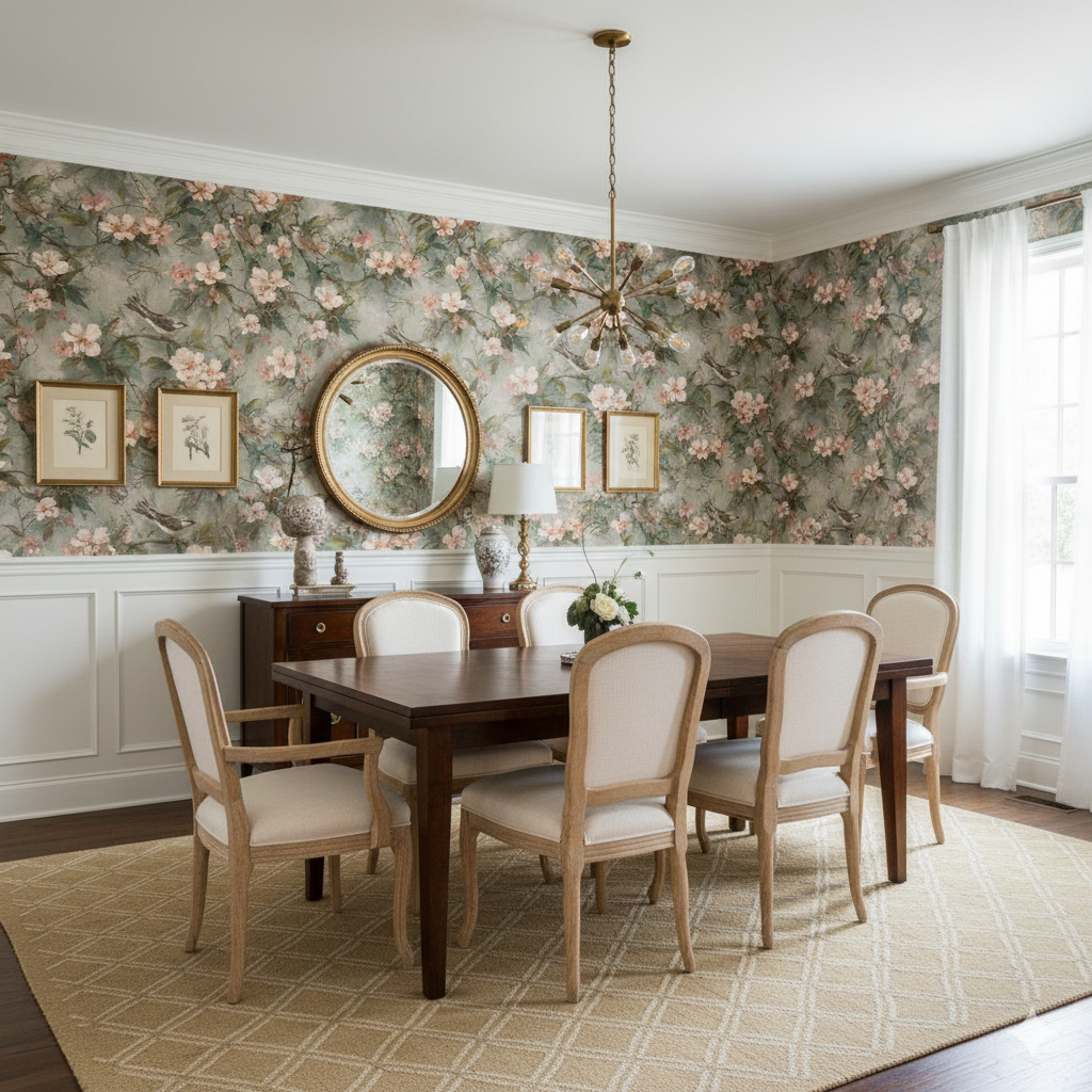 Pearl Finch Garden Wallpaper with floral and bird pattern on a light gray backdrop.
