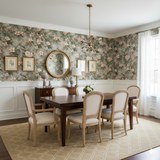 Pearl Finch Garden Wallpaper with floral and bird pattern on a light gray backdrop.
