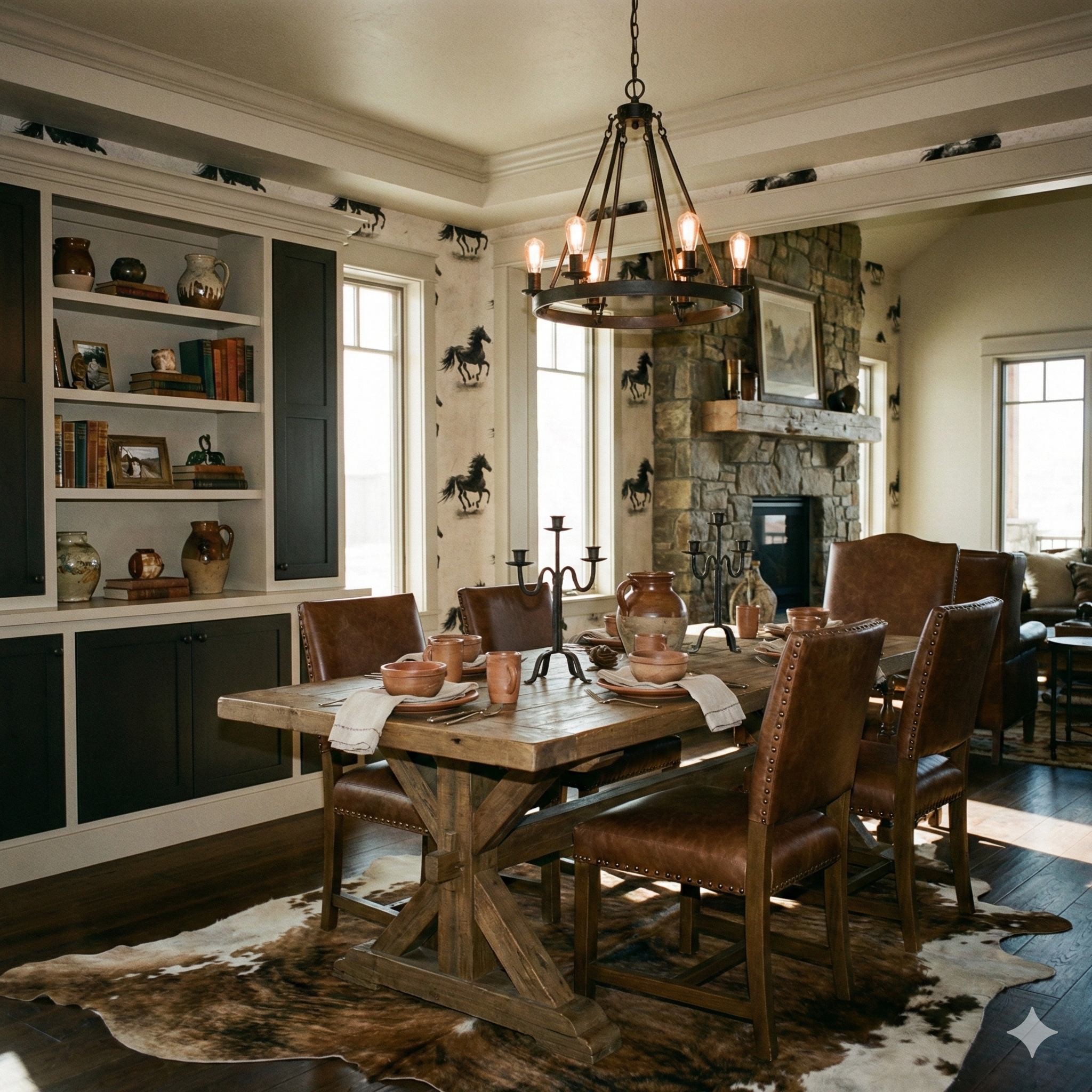 Gallop & Ink wallpaper with a running horse pattern, covering an entire room with window and fireplace views.
