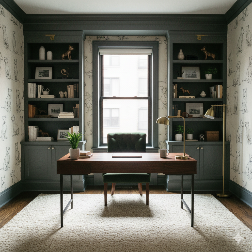 Stafford Etude Wallpaper with dog pattern, covering the walls of a home office with dark green built-in bookcases.