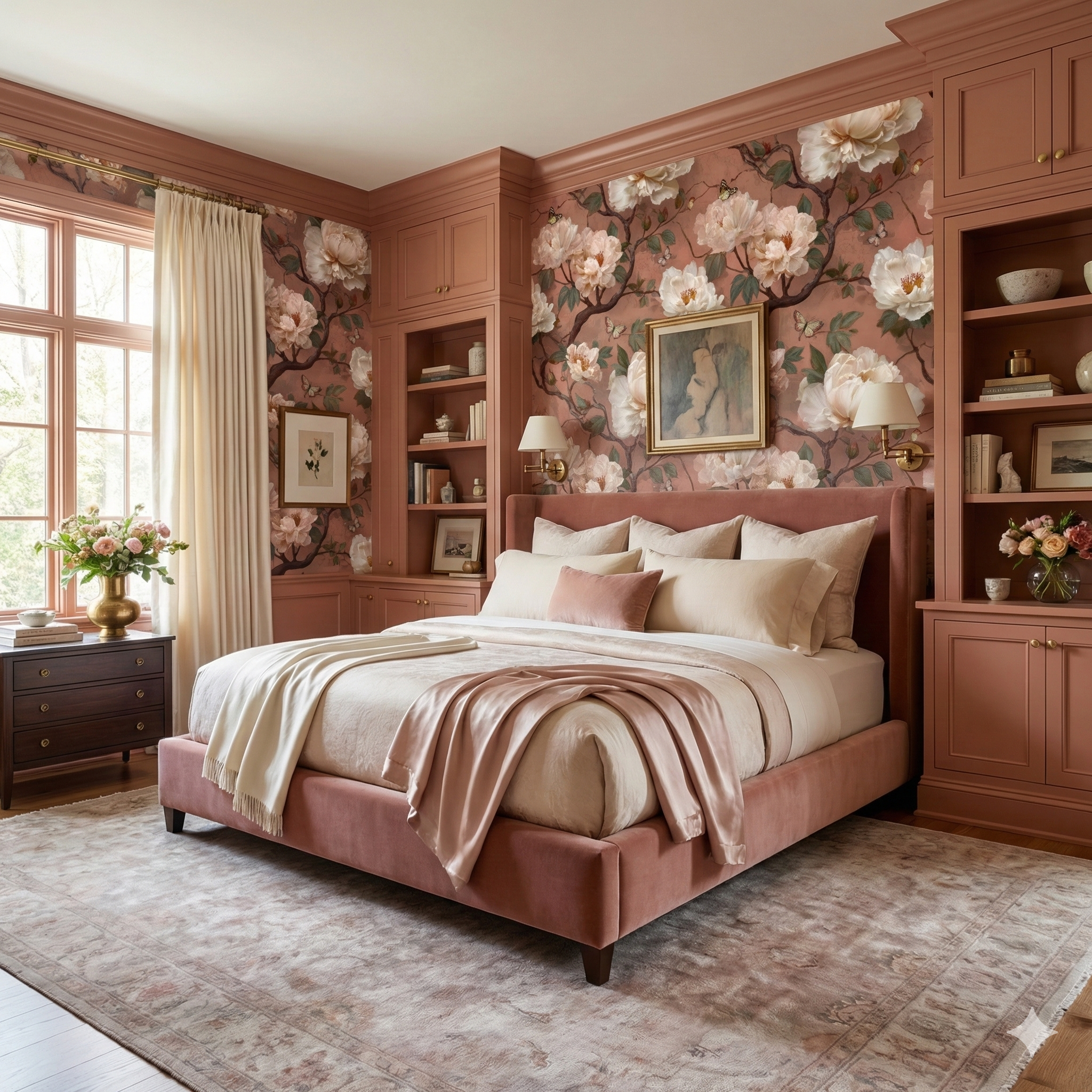 Floral peony wallpaper with botanical patterns, filling a bedroom wall behind a velvet bed.