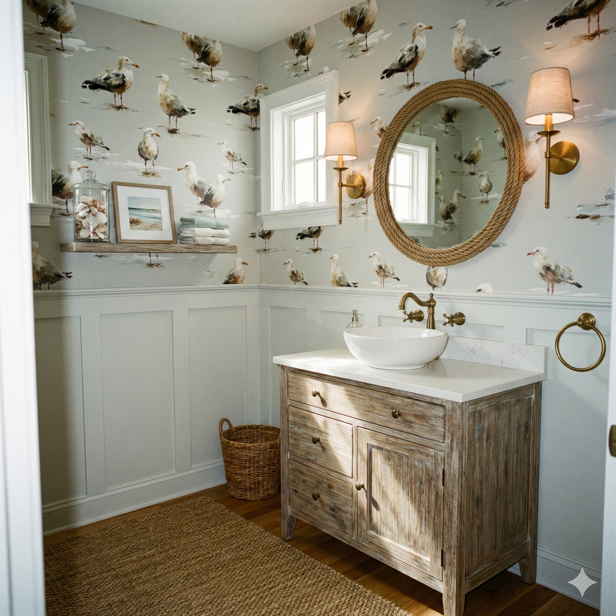 Seagull print wallpaper with pale gray background, saltwind pattern from York Wallcoverings, and coastal-inspired bathroom styling.
