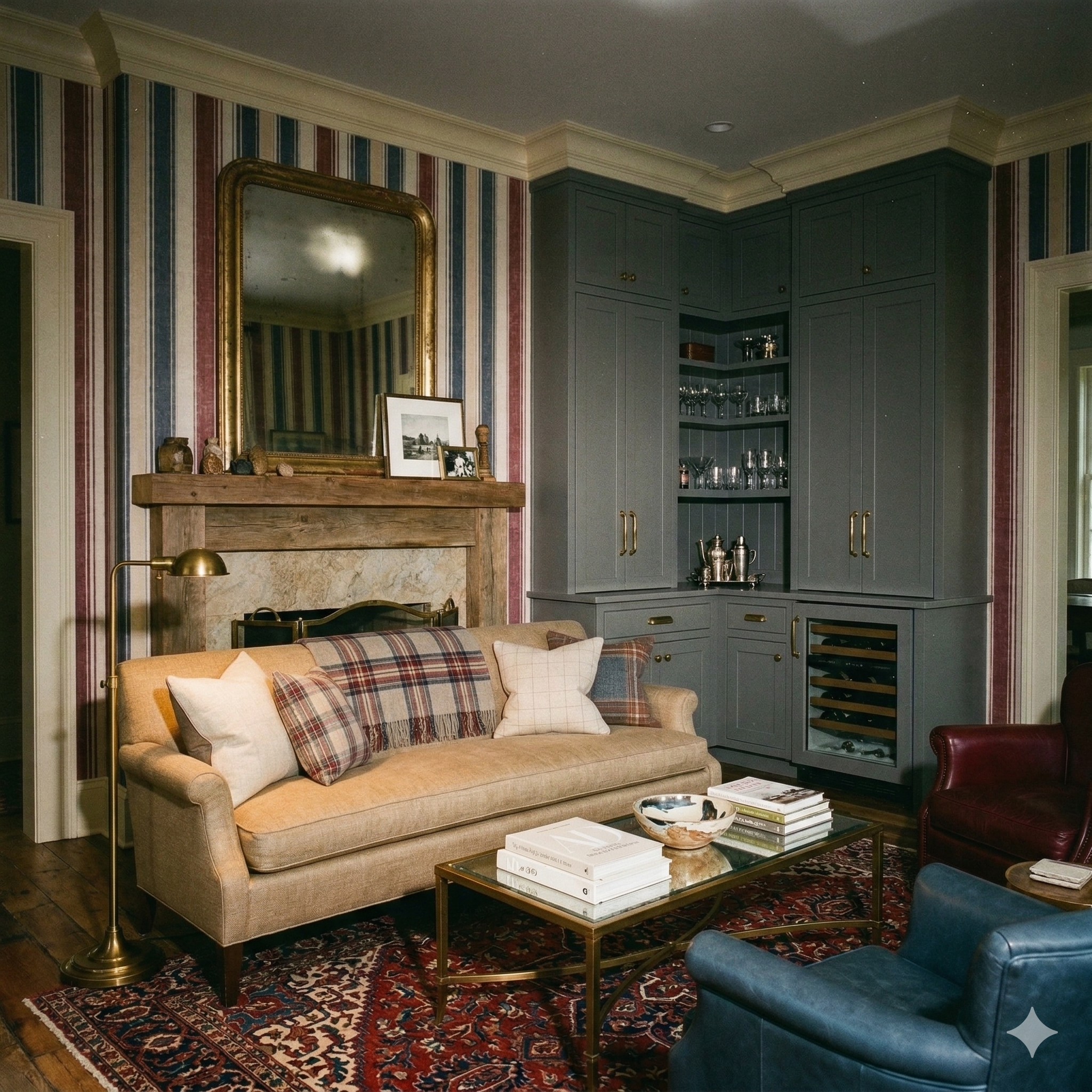 Striped Regatta Column Wallpaper in blue, red and beige, with a classic column pattern.