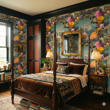 Floral wallpaper with an antique landscape design, showcasing columns and mountains amidst bursts of flowers.