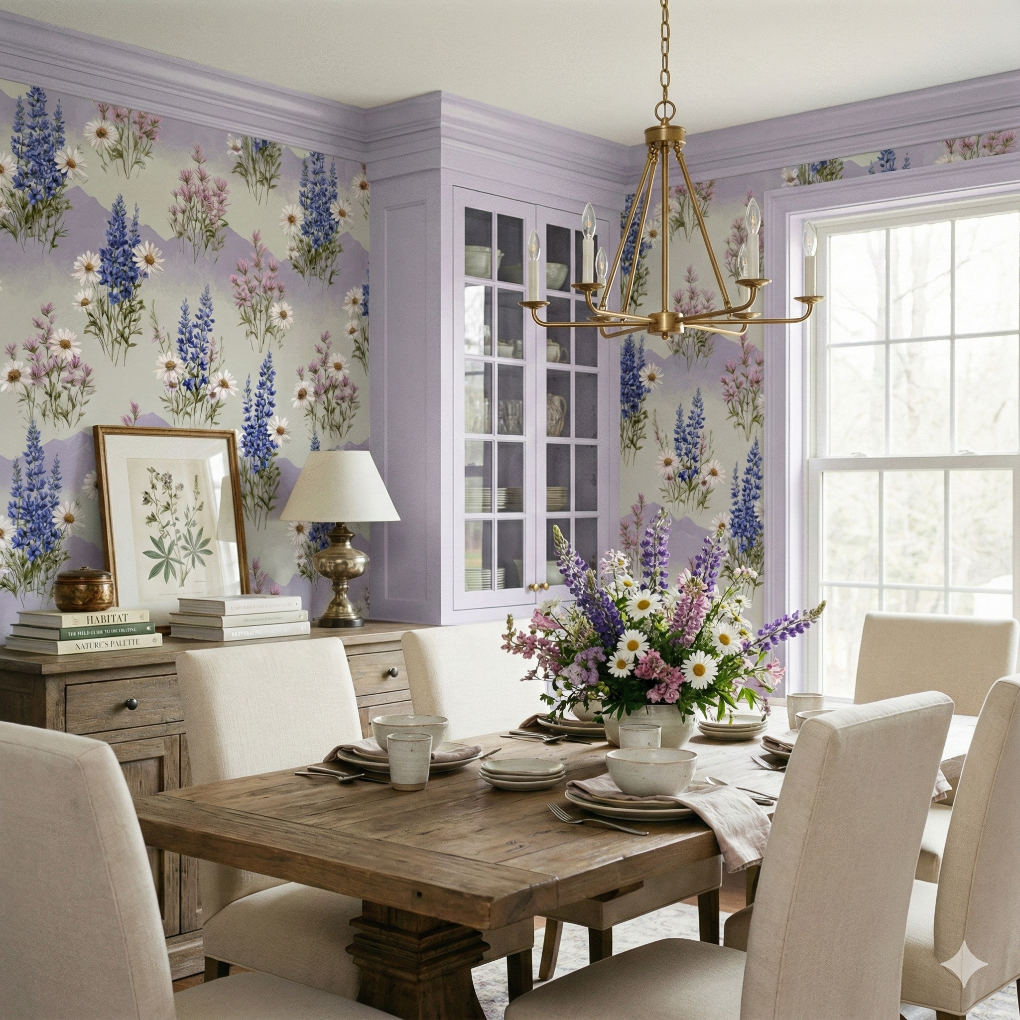 Floral Shasta Meadowline Wallpaper with mountain design from Brewster Home Fashions, in a dining room setting.