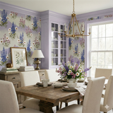 Floral Shasta Meadowline Wallpaper with mountain design from Brewster Home Fashions, in a dining room setting.