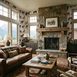 Painted herd wallpaper with horse motifs on a light background, showing a traditional interior.