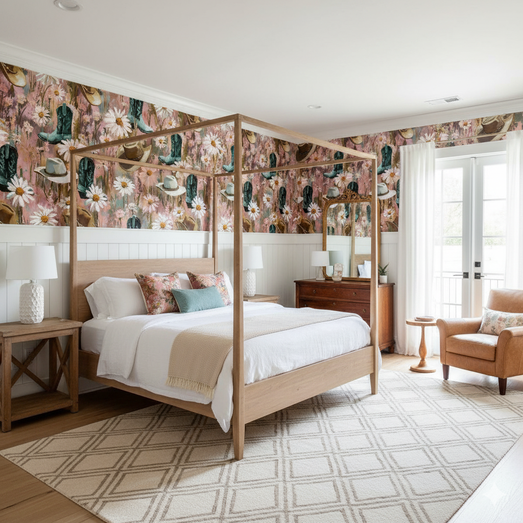 Wildflower rodeo wallpaper featuring floral and cowboy designs on pink textured backdrop.