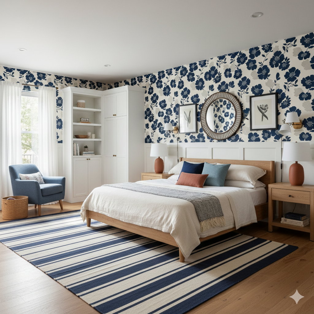 Floral wallpaper with a blue and cream pattern, featuring blooming flowers.
