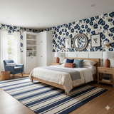 Floral wallpaper with a blue and cream pattern, featuring blooming flowers.
