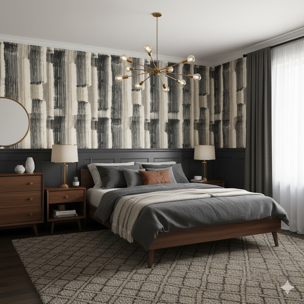 Noir wallpaper with a vertical brushstroke pattern, visible in a bedroom.