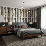 Noir wallpaper with a vertical brushstroke pattern, visible in a bedroom.