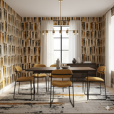Gathering Place Wallpaper with a pattern of abstract figures in ochre, black and cream.
