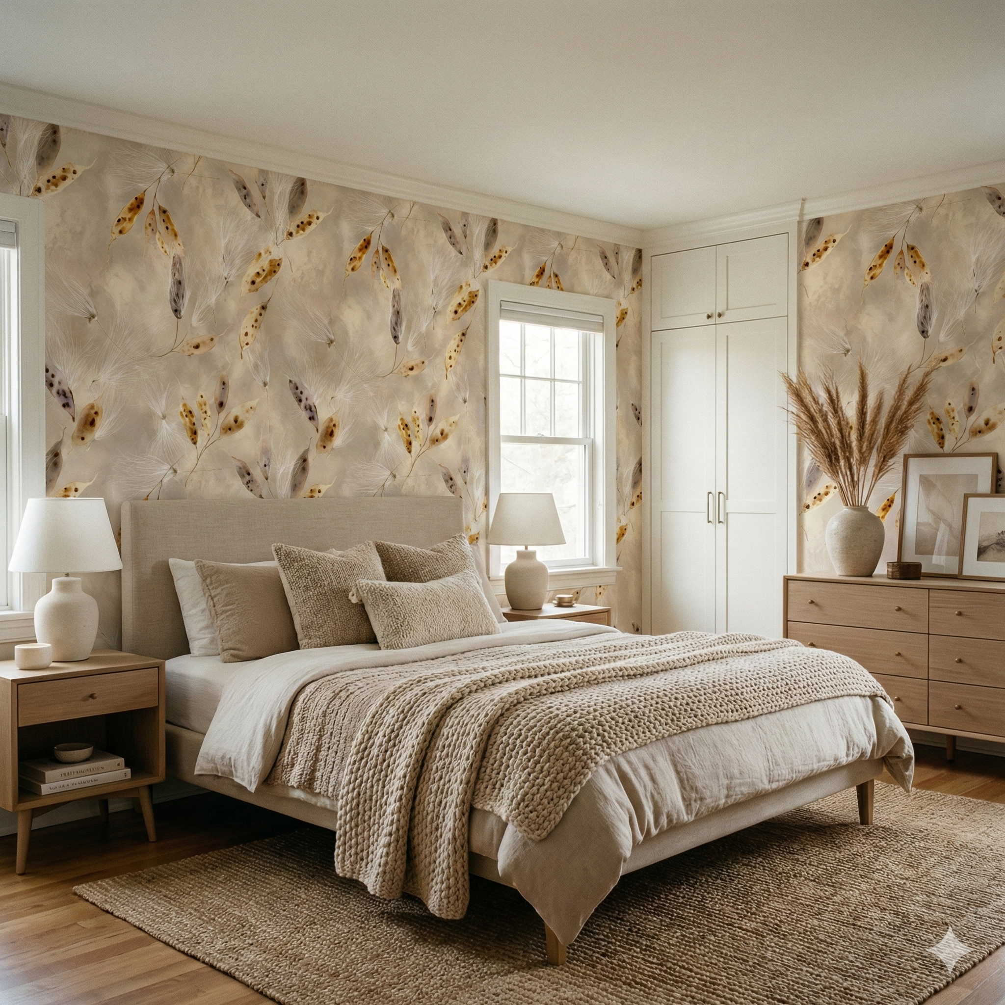 Botanical wallpaper with beige silken fall pattern, featuring seeds and white dandelion fluff details.