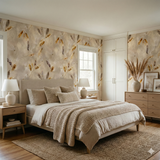 Botanical wallpaper with beige silken fall pattern, featuring seeds and white dandelion fluff details.