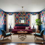 Floral bloom wallpaper with colorful botanical pattern, filling a room with coordinated décor.