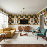 Colorful Solaris Wallpaper with abstract circles, covering the upper half of a living room wall.