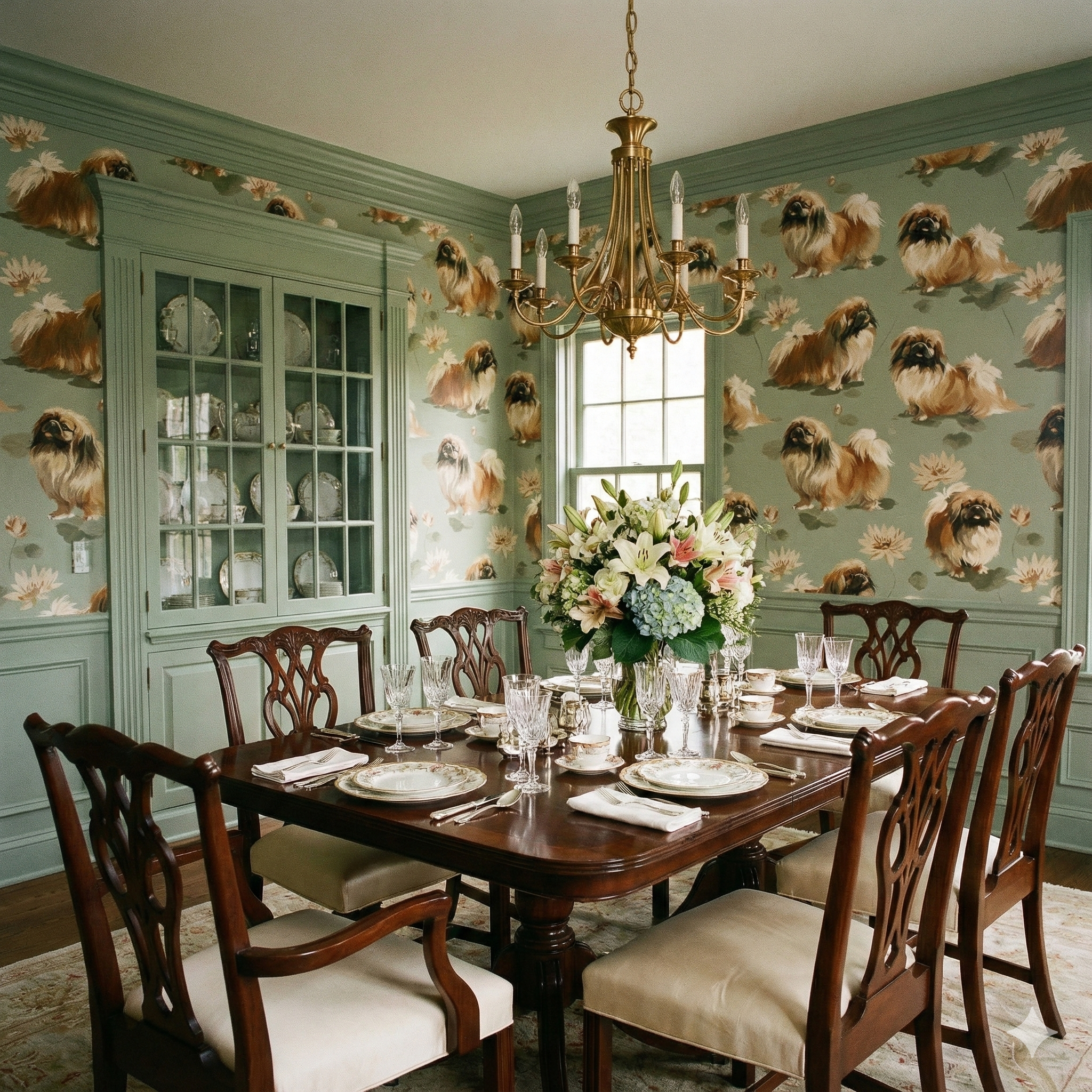Patterned wallpaper by Lotus Court with Pekingese dogs and flowers on a light green background.