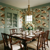 Patterned wallpaper by Lotus Court with Pekingese dogs and flowers on a light green background.