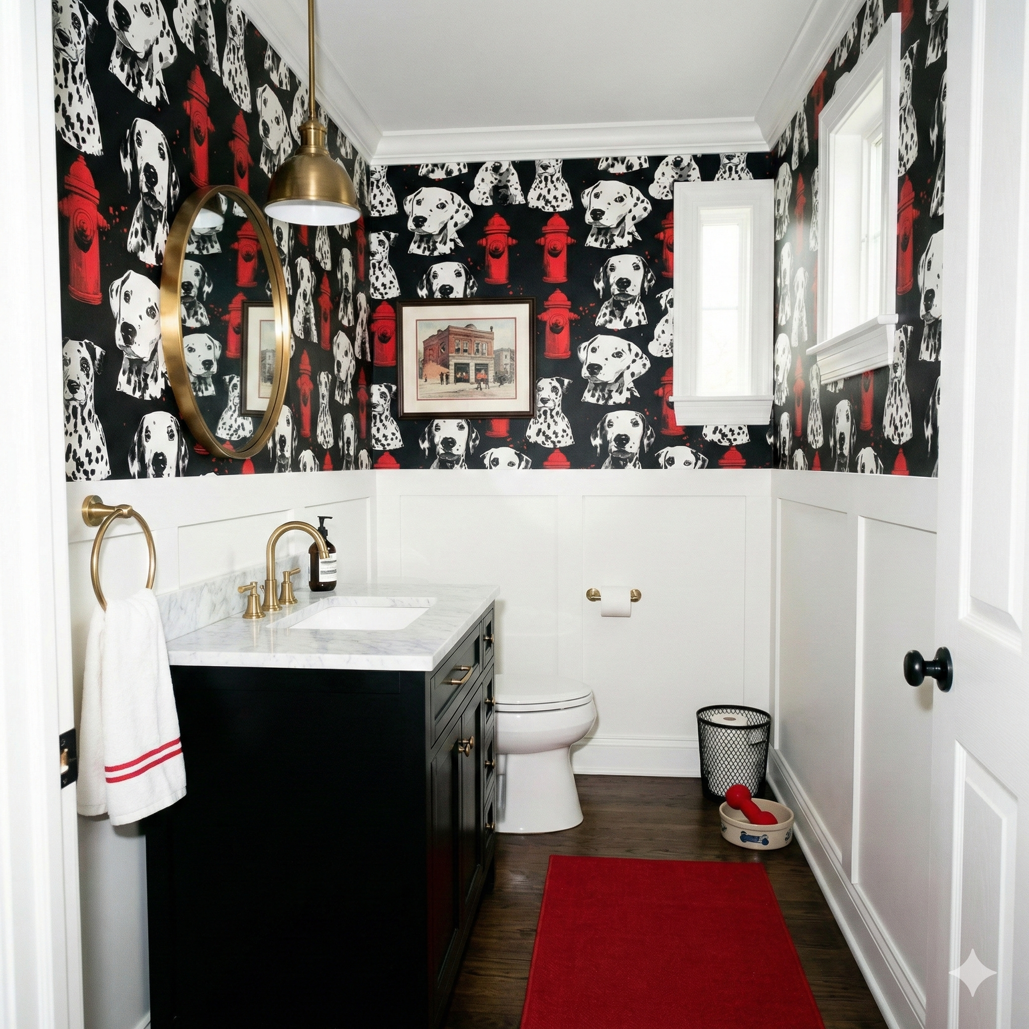 Metro Muse Wallpaper with dalmatian and fire hydrant pattern over black background, covering walls in bathroom setting.