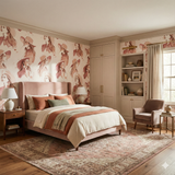 Patterned Salt Creek Muse Wallpaper with women in hats by Salt Creek, visible on a bedroom accent wall.