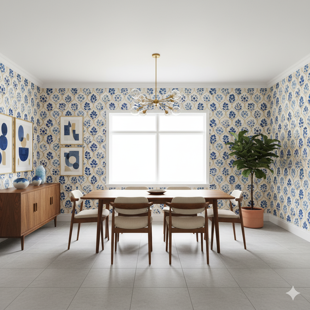 Blue and beige Sevran Bloom Wallpaper featuring a floral pattern.
