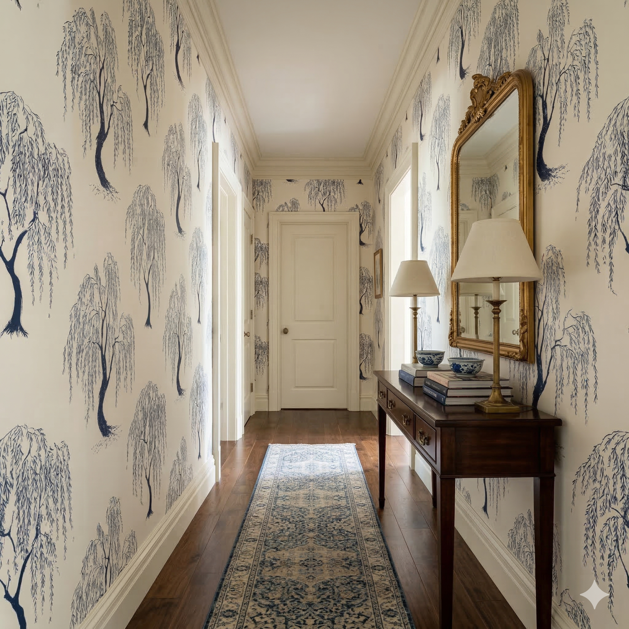 Patterned wallpaper with blue trees, porcelaine d’azur by wallpaper, on a cream background in a hallway.
