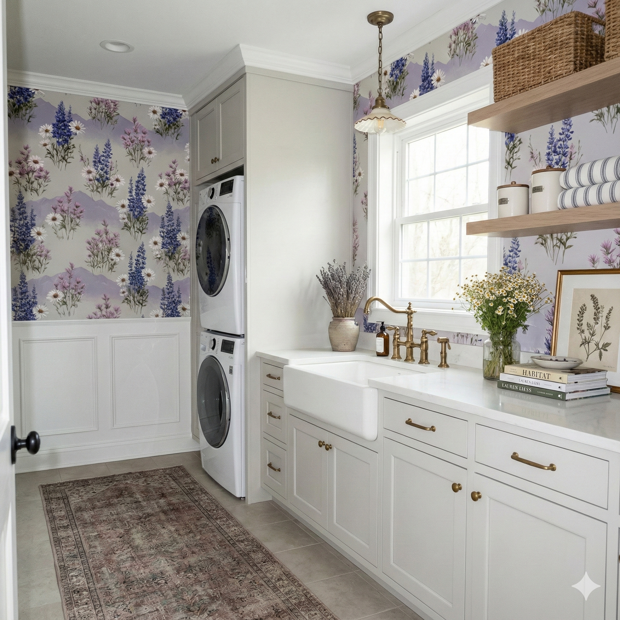 Floral Meadowline Wallpaper with mountain pattern, Shasta design featuring blue and lavender wildflowers.