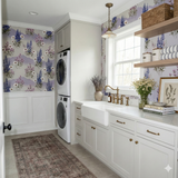 Floral Meadowline Wallpaper with mountain pattern, Shasta design featuring blue and lavender wildflowers.