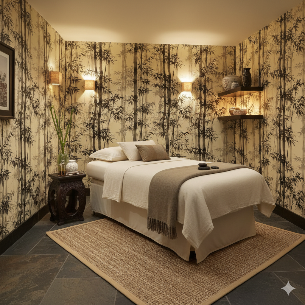 Bamboo print wallpaper with dark ink pattern and beige background.
