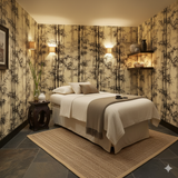 Bamboo print wallpaper with dark ink pattern and beige background.
