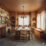 Arroyo Mesa Wallpaper with desert mural pattern and earthy colors, displayed on the wall of a dining room.