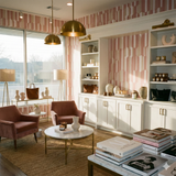 Blush and tan striped wallpaper with canopy pattern, covering the upper wall section.