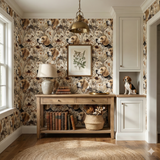 Biscuit Reverie Wallpaper with a dog and floral motif pattern covering the wall.
