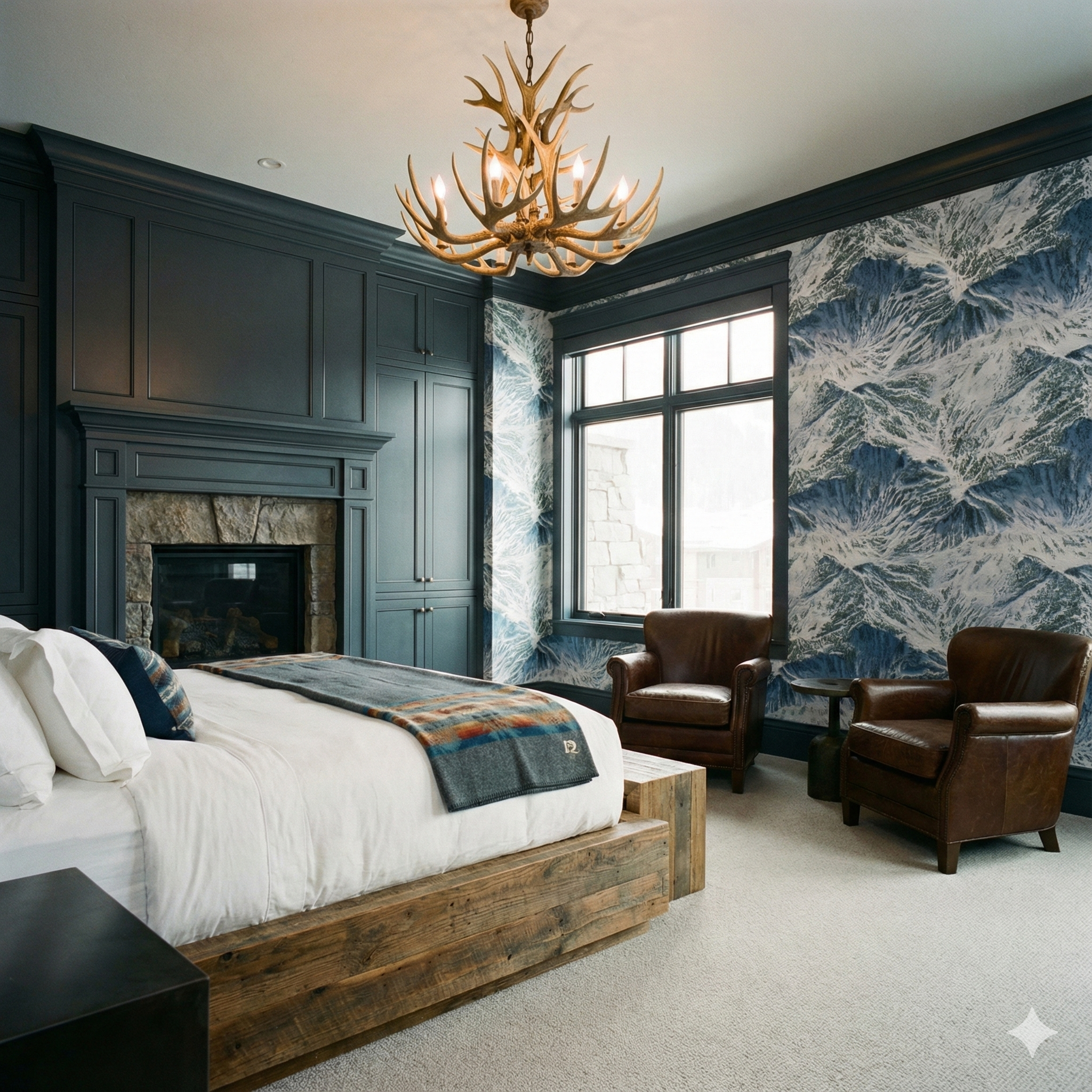 Lone Peak Vista wallpaper with mountain range pattern, covering the bedroom wall.
