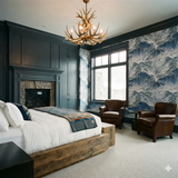 Lone Peak Vista wallpaper with mountain range pattern, covering the bedroom wall.
