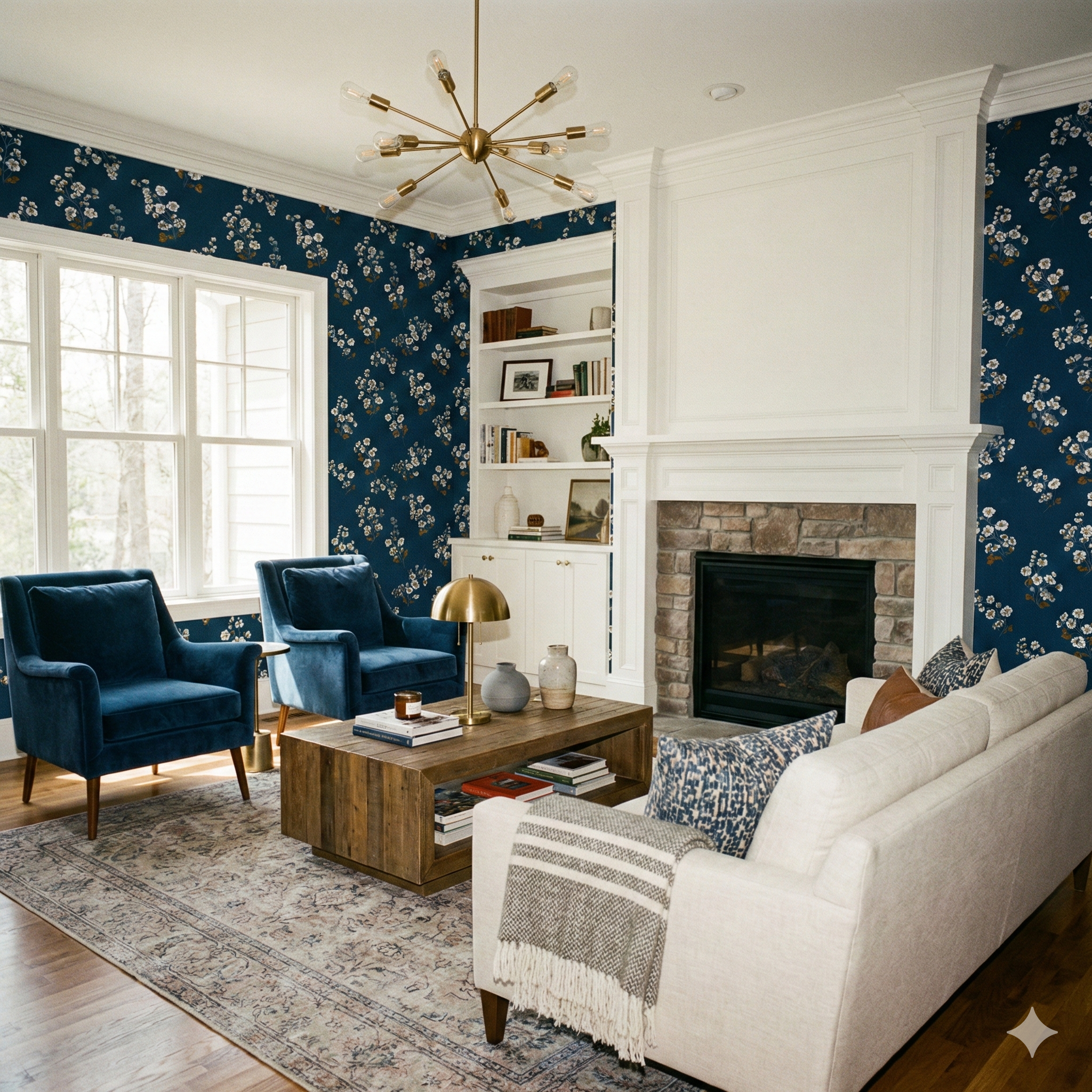 Floral Vera Grace Wallpaper on a blue background with a repeating pattern.