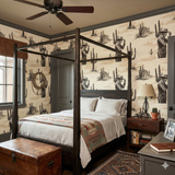 High Noon Revenant Wallpaper with cowboy and cacti print, covering a bedroom wall.