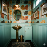 Halston Grove Wallpaper with repeated dog pattern over a teal green beadboard wall in a bathroom.