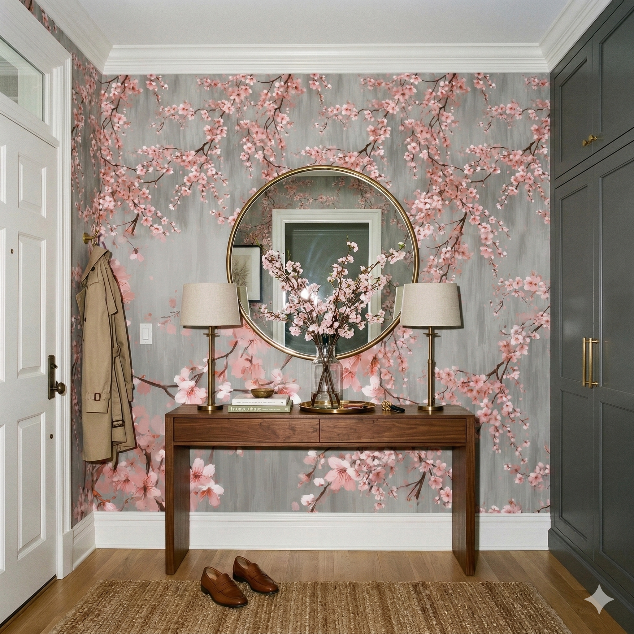 Sakura Blossom Wallpaper with a gray background and pink cherry blossom branches, styled in an entry hall setting.
