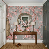 Sakura Blossom Wallpaper with a gray background and pink cherry blossom branches, styled in an entry hall setting.
