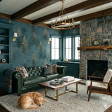 Teal tree patterned wallpaper with gold accents, Auric Timberline Wallpaper featuring a forest motif in a stylish living room setting.
