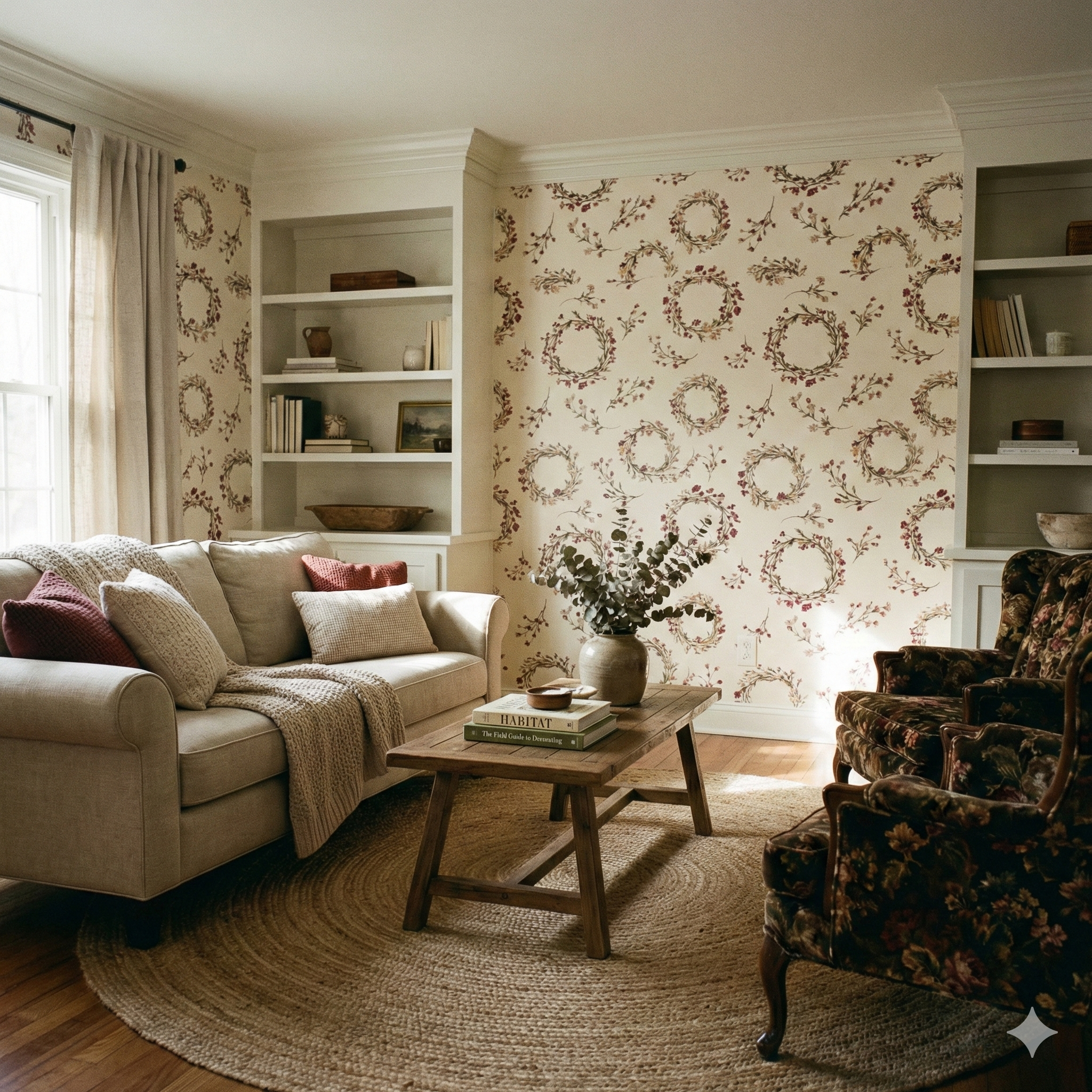 Prairie Wreath Study Wallpaper with wreath and floral pattern on a beige background.
