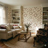 Prairie Wreath Study Wallpaper with wreath and floral pattern on a beige background.
