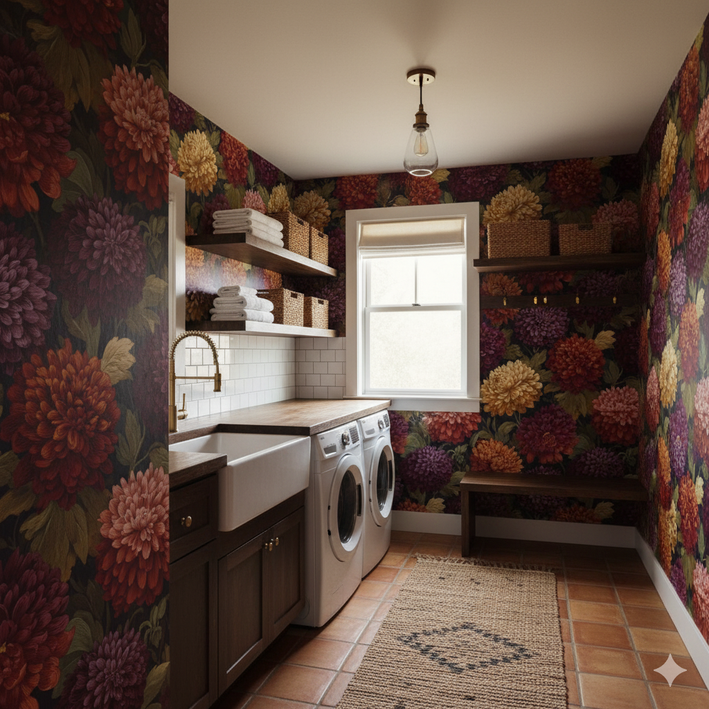 Floral wallpaper featuring a dark and colorful floral pattern with a rich, autumnal aesthetic.