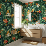 Calypso Grove Wallpaper with green tropical leaf and orange flower pattern.
