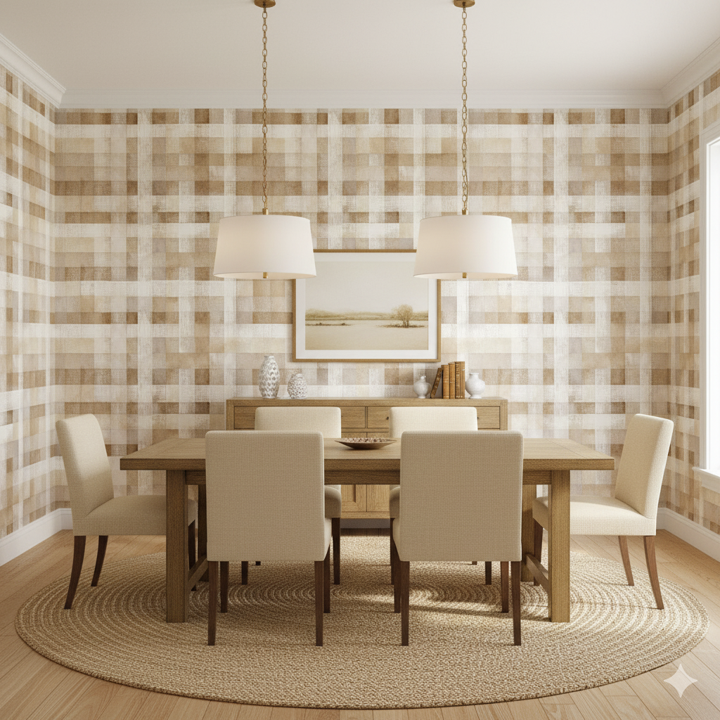 Check wallpaper with a plaid pattern, featuring neutral beige and brown hues.